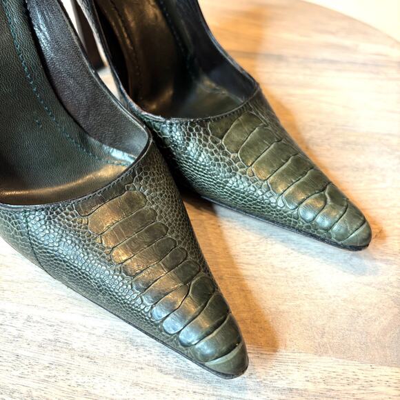 Gucci Snakeskin Embossed Pointed-Toe Dark Green Leather Pumps Italy US Size 7 - Picture 6 of 14